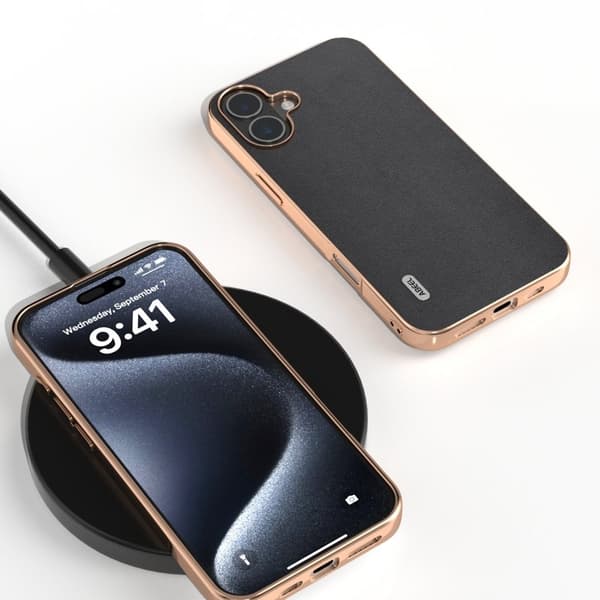 ABEEL Mobilskal till iPhone 16 Plus Electroplating Äkta Läder Svart