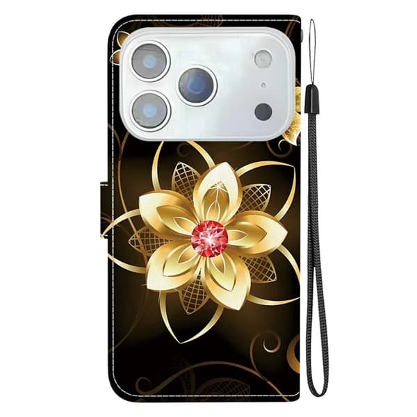 iPhone 17 Pro Max Plånboksfodral Med Lanyard - Golden Flower Guld