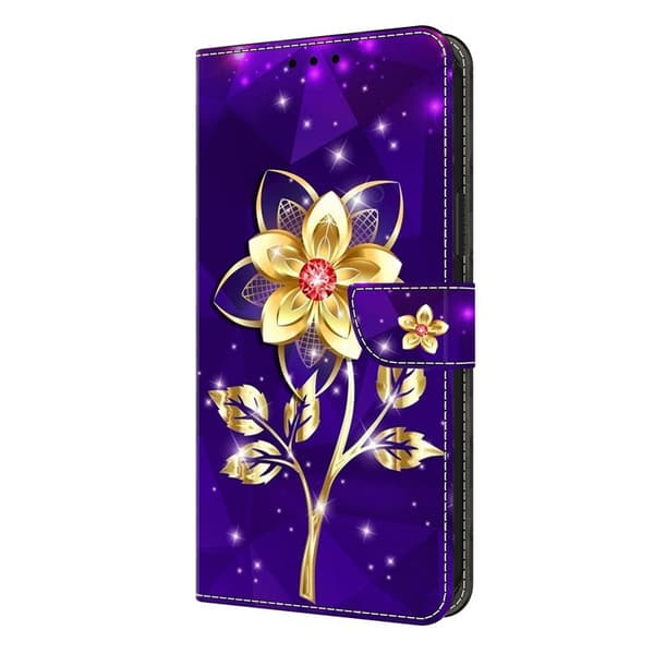 Samsung Galaxy S26 Plånboksfodral Konstläder Ställ - Guld Blommor på Lila
