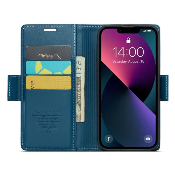 CASEME Plånboksfodral Konstläder för iPhone 14 RFID-Skydd Blå