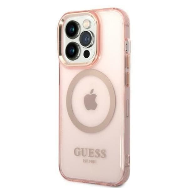 GUESS iPhone 14 Pro Skal MagSafe Gold Outline Translucent - Rosa Rosa