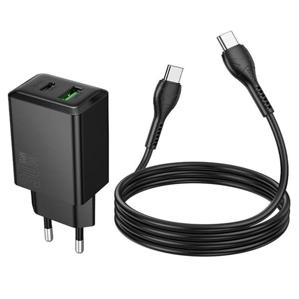 Hoco Hurtigoplader PD 30W USB-A USB-C QC3.0 AFC 3A med USB-C Kabel N71 - Sort Svart