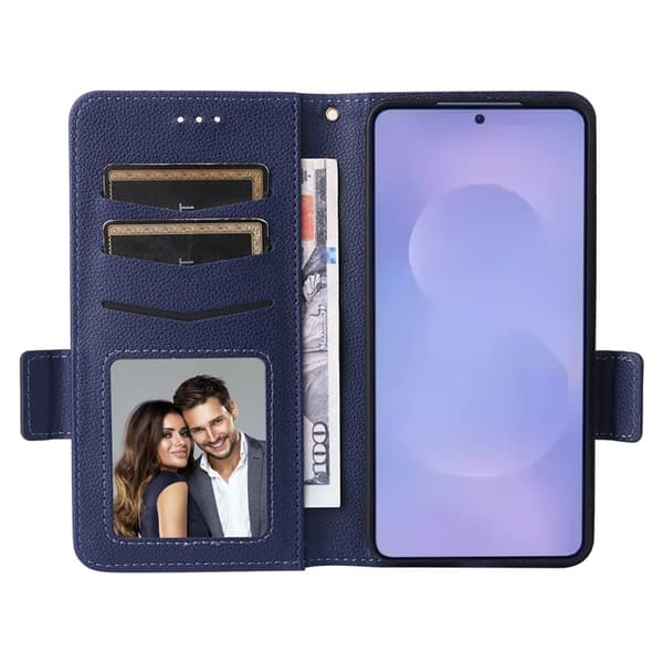 Galaxy S26/S26 Pro Plånboksfodral Litchi Konstläder med Rem - Blå Blå