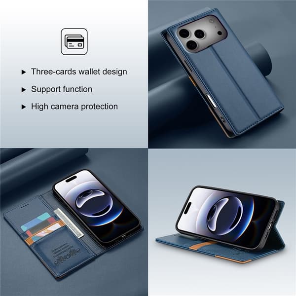 N.BEKUS iPhone 17 Pro Max Konstläder Plånboksfodral RFID-Skydd P3 - Blå Blå