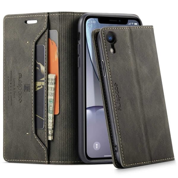 AUTSPACE A01 iPhone XR Plånboksfodral i Konstläder - Brun