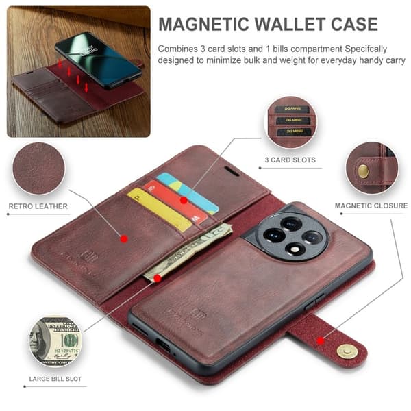 DG.MING OnePlus 11 5G Äkta Läder Plånboksfodral Detachable Magnet Röd
