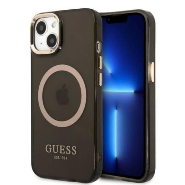 GUESS iPhone 13 Skal MagSafe Gold Outline Translucent - Musta Black