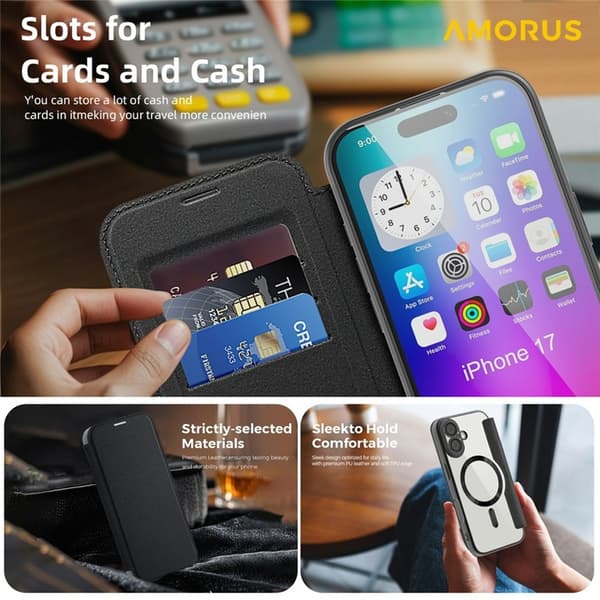 AMORUS iPhone 17 Plånboksfodral MagSafe RFID-Skydd - Svart Svart