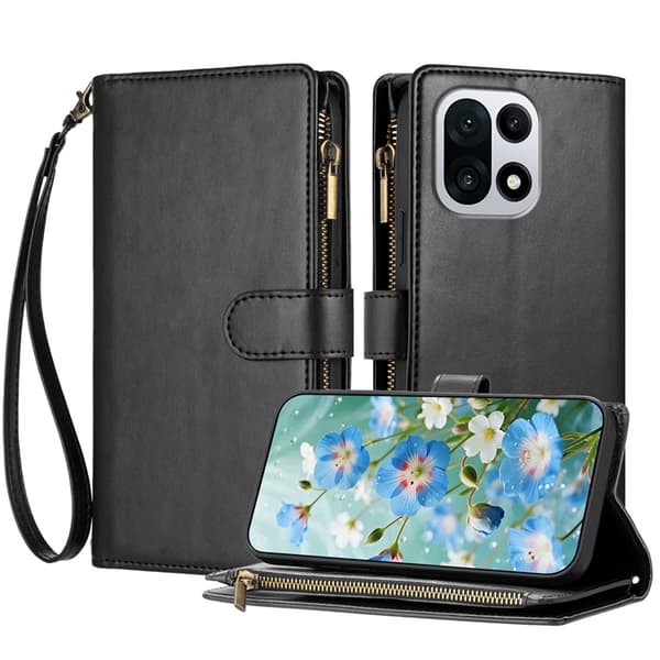 OnePlus 15 5G Konstläder Plånboksfodral Zipper Shockproof Svart