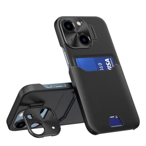 iPhone 14 Plus Skal Korthållare Läder Kickstand - Svart Svart