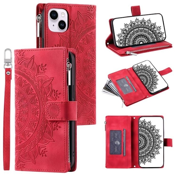 iPhone 15 Plus Plånboksfodral Mandala Flower Imprinted - Röd