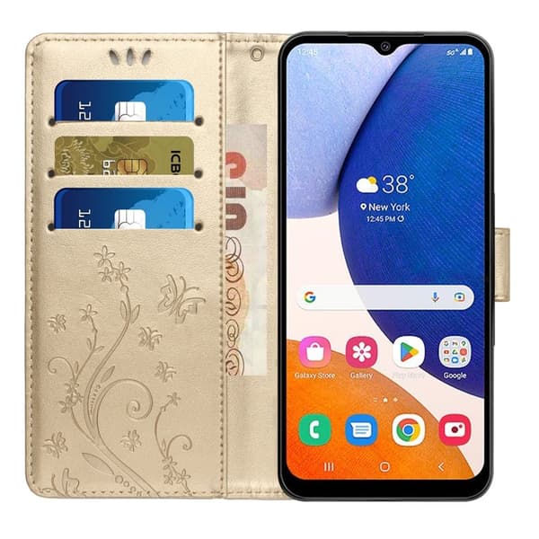 Samsung Galaxy S26 Plus Plånboksfodral Konstläder Blomma Prägling - Guld