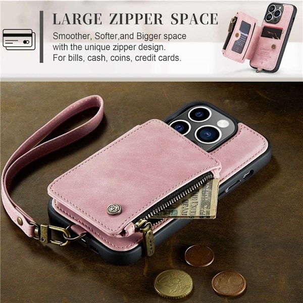 CASEME iPhone 14 Pro Plånboksfodral C20 Zipper Kickstand - Rosa