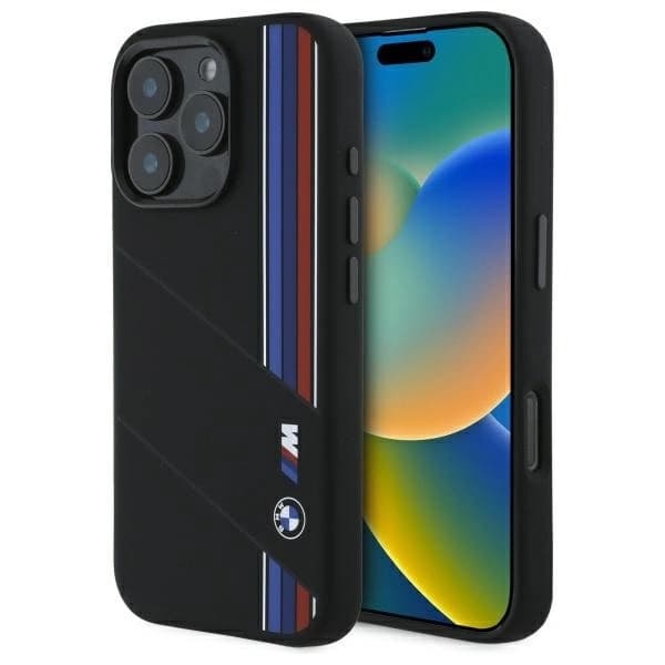 BMW telefontaske til iPhone 16 Pro Max MagSafe silikone Cut Tricolor-linjer Black