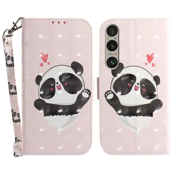 Sony Xperia 1 VI Konstläder Plånboksfodral med Handledsrem - Panda Rosa