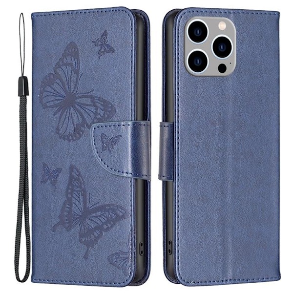 iPhone 14 Pro Max Plånboksfodral Butterflies Imprinted - Mörkblå