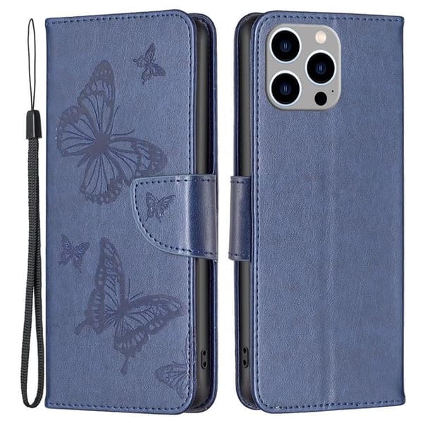 iPhone 14 Pro Max Plånboksfodral Butterflies Imprinted - Mörkblå Blå