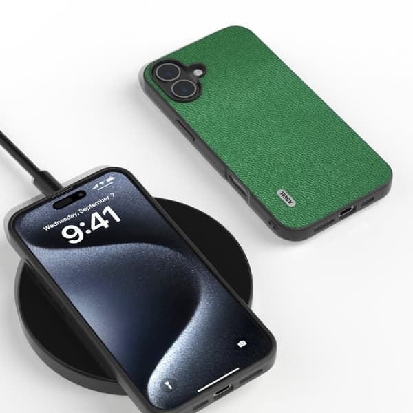 ABEEL Mobilskal till iPhone 16 Plus Litchi Textur Äkta Läder Grön