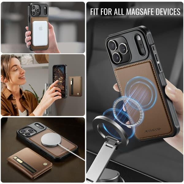 JEEHOOD J12 Plånboksfodral iPhone 17 Pro Magnetisk Konstläder Brun