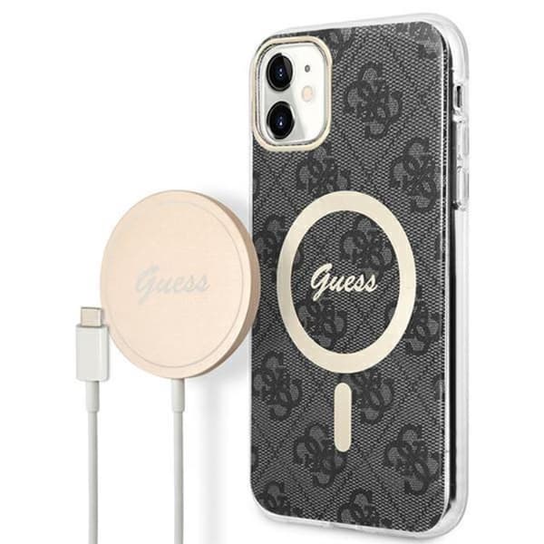 Guess iPhone 11 Magsafe Skal 4G Print + Trådløs Oplader - Sort Black