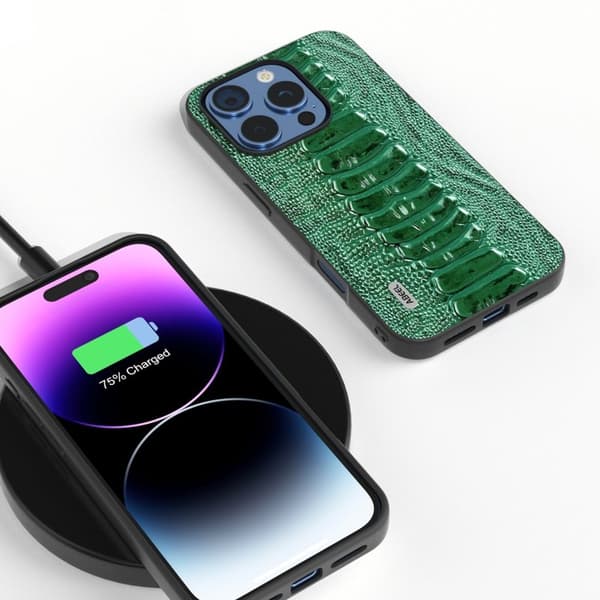ABEEL Mobilskal till iPhone 16 Pro Krokodil Textur Äkta Läder Grön