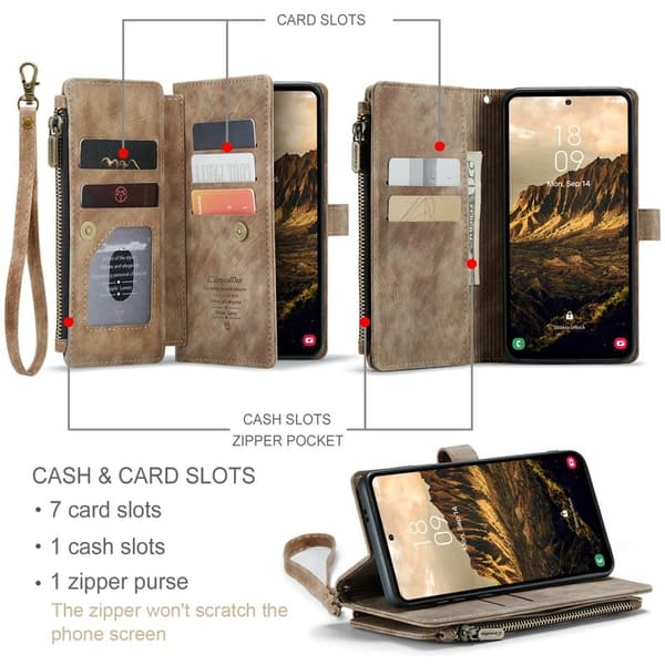 CASEME Konstläder Plånboksfodral för Samsung Galaxy S25+ med rem - Brun