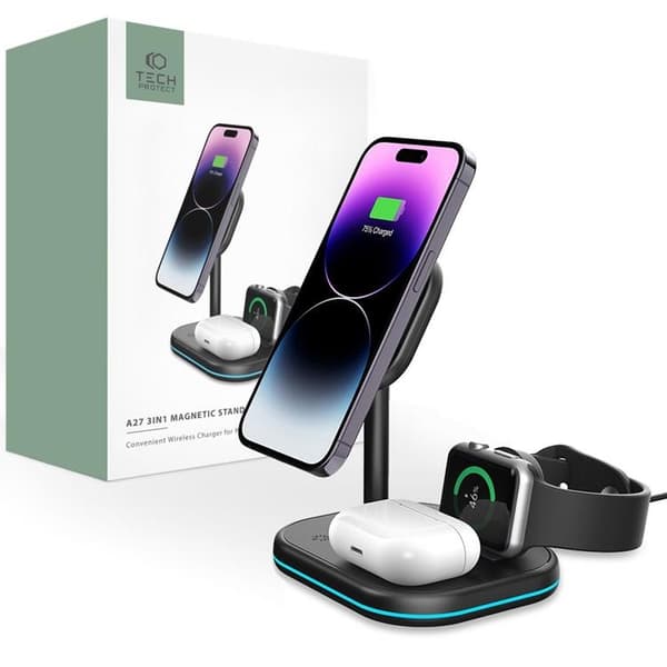 Tech-Protect 3-i-1 Magsafe Trådløs oplader iPhone/Apple Watch/Ai Svart