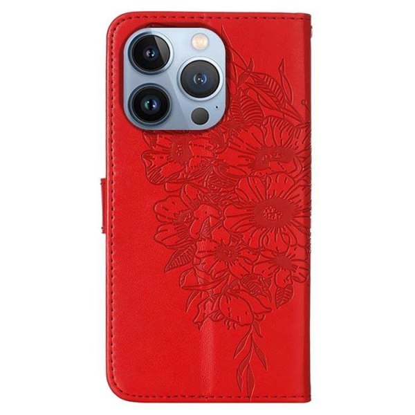 iPhone 14 Pro Max tegnebog etui Butterfly Flower Imprinted - Rød