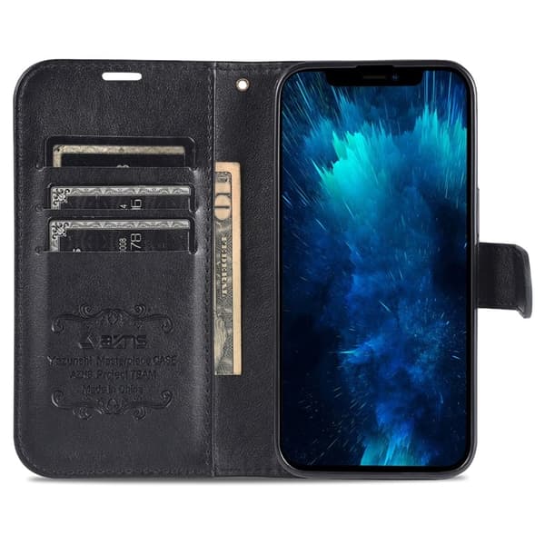 AZNS iPhone 15 Pro Plånboksfodral i Konstläder - Full Skydd - Svart