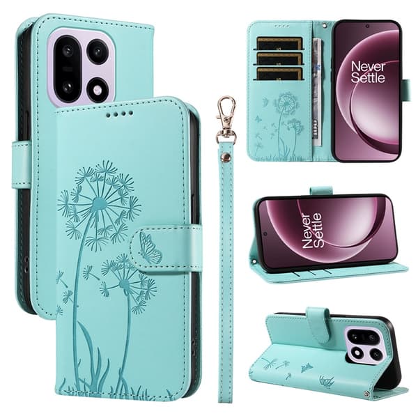 OnePlus 15 5G Plånboksfodral Dandelion Imprint Konstläder Grön