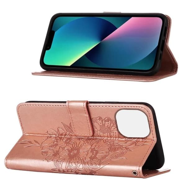 iPhone 14 Plus Pung Etui Sommerfugl Blomst Præget - Rose Guld