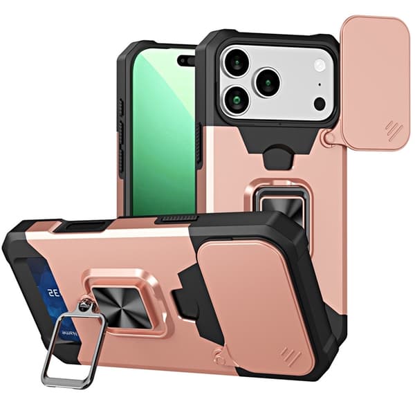 Mobilskal till iPhone 17 Pro Max Slide Lens Lid med Kortfack - Roséguld Roséguld