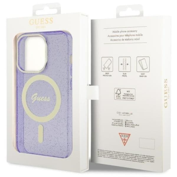Guess iPhone 14 Pro Mobilskal MagSafe Glitter Guld - Lilla Lila
