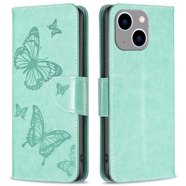 iPhone 14 Plus -lompakkokotelo Butterfly Imprinted - turkoosi