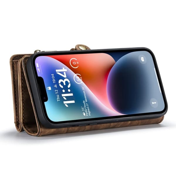 CASEME 008 iPhone 14 Plånboksfodral Konstläder med Dragkedja Brun