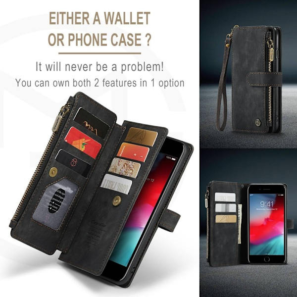 CASEME Konstläder Plånboksfodral för iPhone 6 Plus/6s Plus/7 Plus/8 Plus - Svart