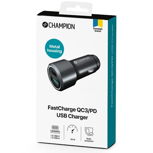 CHAMPION Snabbladdning PD USB Billaddare Duo 43W