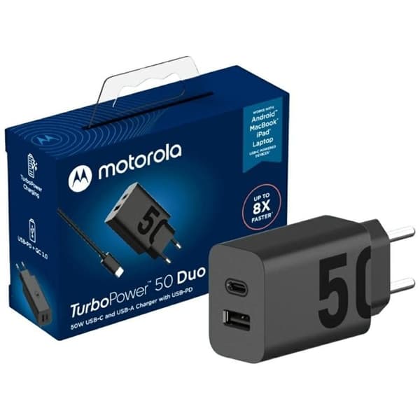 Motorola Hurtigoplader 50W 1xUSB-A 1xUSB-C med 1m Kabel TurboPower - Sort Svart