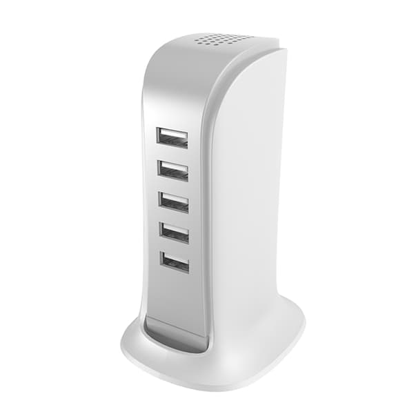 Laddare 5x USB med Inbyggd Strömkabel EU - Vit Vit