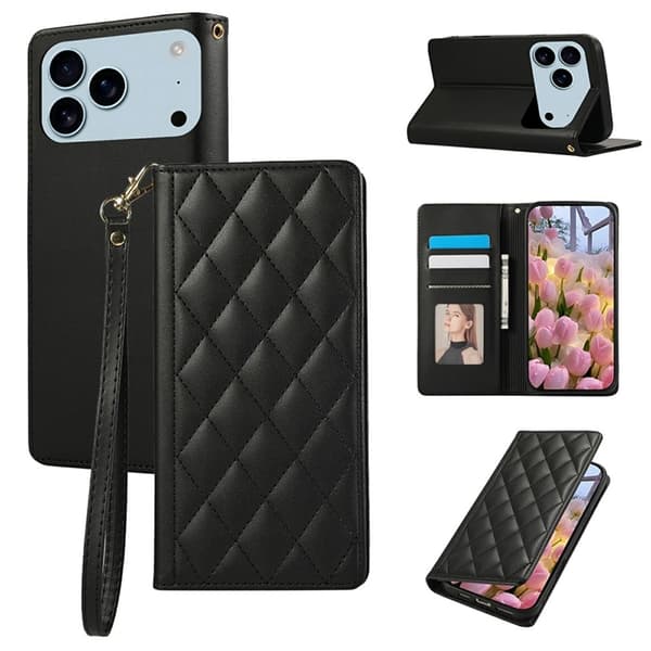 iPhone 17 Pro Plånboksfodral RFID Rhombus Läder - Svart Svart