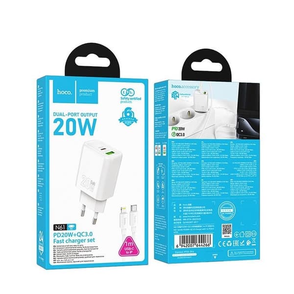 HOCO Väggladdare USB/USB-C 20W USB-C/Lightning Kabel N61 PD QC Vit