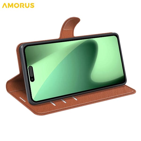 AMORUS iPhone 17 Pro Konstläder Plånboksfodral Flipstativ Litchi - Brun Brun