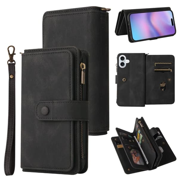 iPhone 17 Konstläder Plånboksfodral Zipper Rem Svart