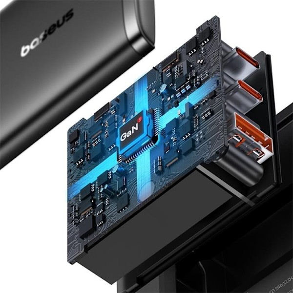 Baseus GaN Väggladdare 2x USB-C Till USB-A 65W Cube Pro - Svart Svart
