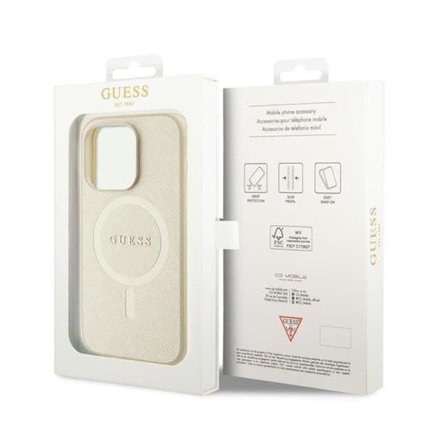 Guess iPhone 15 Pro Mobilskal Magsafe Saffiano - Kulta Guld