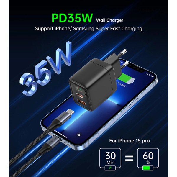 Choetech USB-C USB-A seinälaturi PD 35W GaN - musta