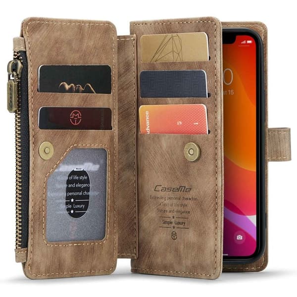 CASEME Konstläder Plånboksfodral för iPhone 12 mini med rem - Brun