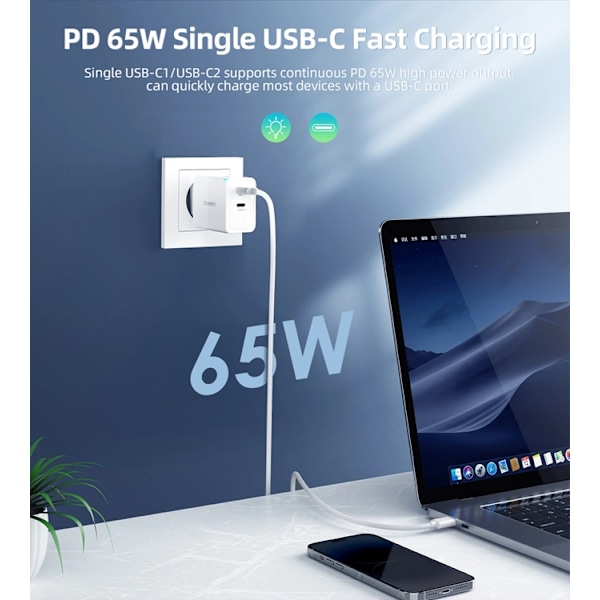 Choetech Väggladdare 65W GaN 2xUSB-C - Vit