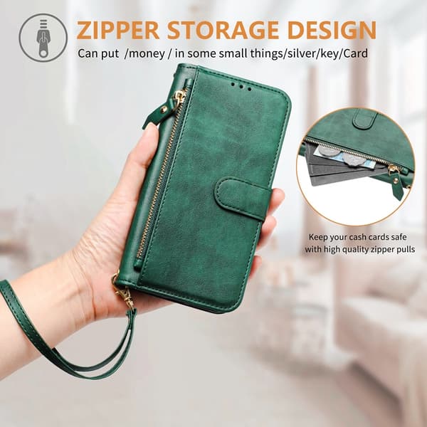 iPhone 17 Pro Plånboksfodral Zipper Pocket Läder - Grön Grön