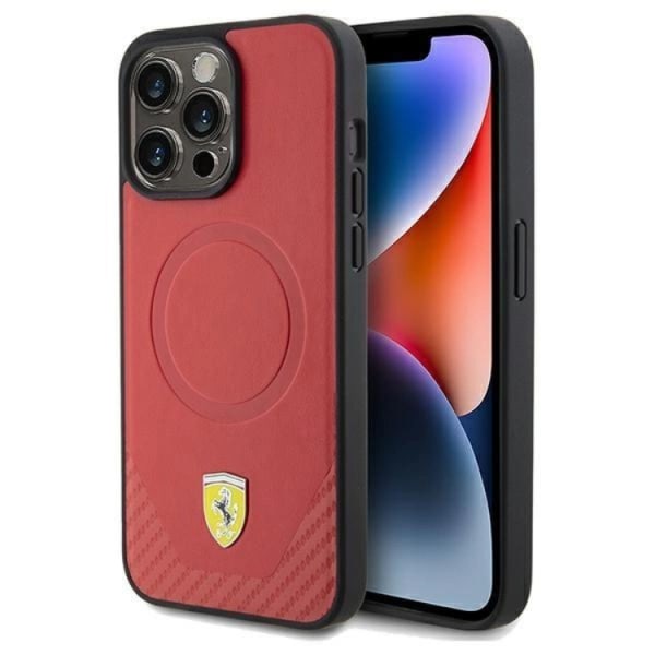 Ferrari iPhone 15 Pro mobiltaske Magsafe Carbon Metal Logo - Rød